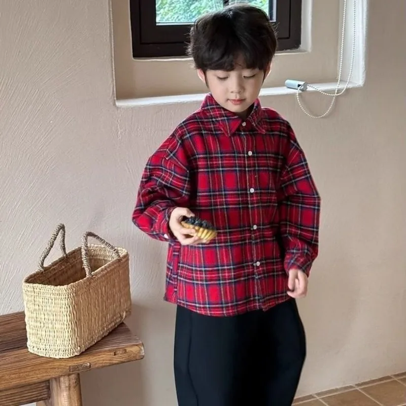 2025 Autumn Winter New Boys Thickened Fleece Lined Plaid Shirt Kids Toddler Stylish Checkered Coat