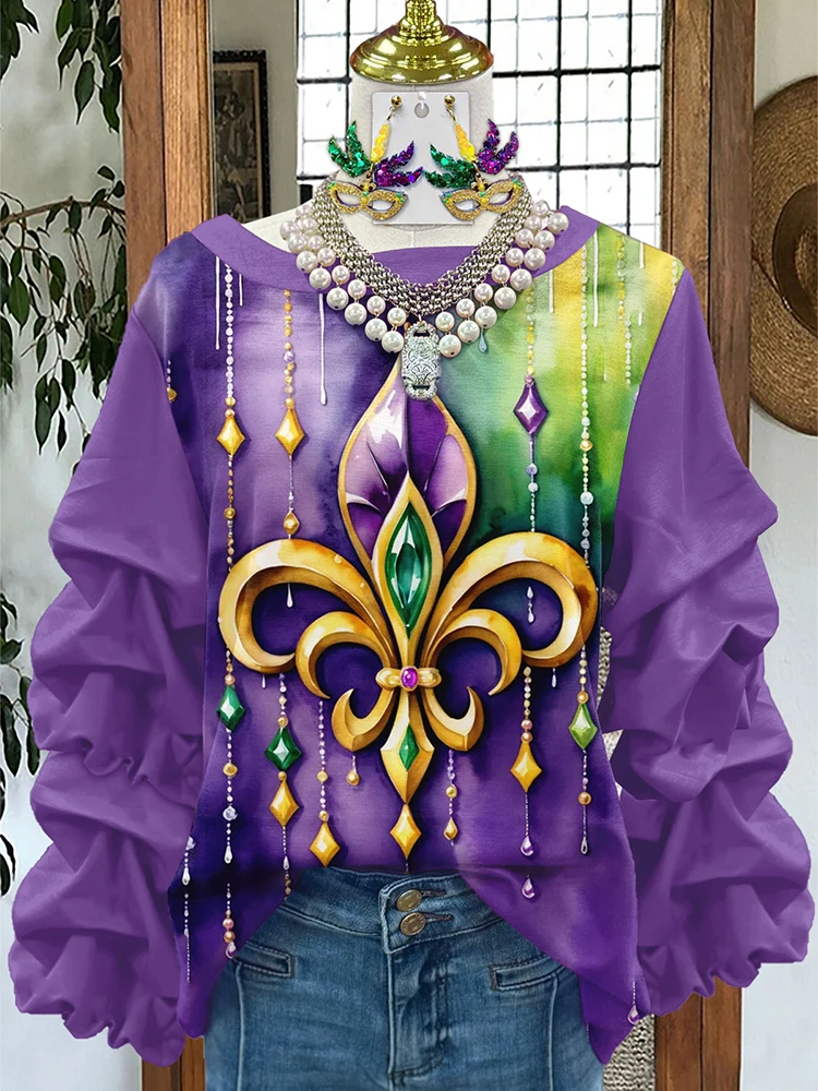 Mardi Gras Print Pleated Sweatshirt