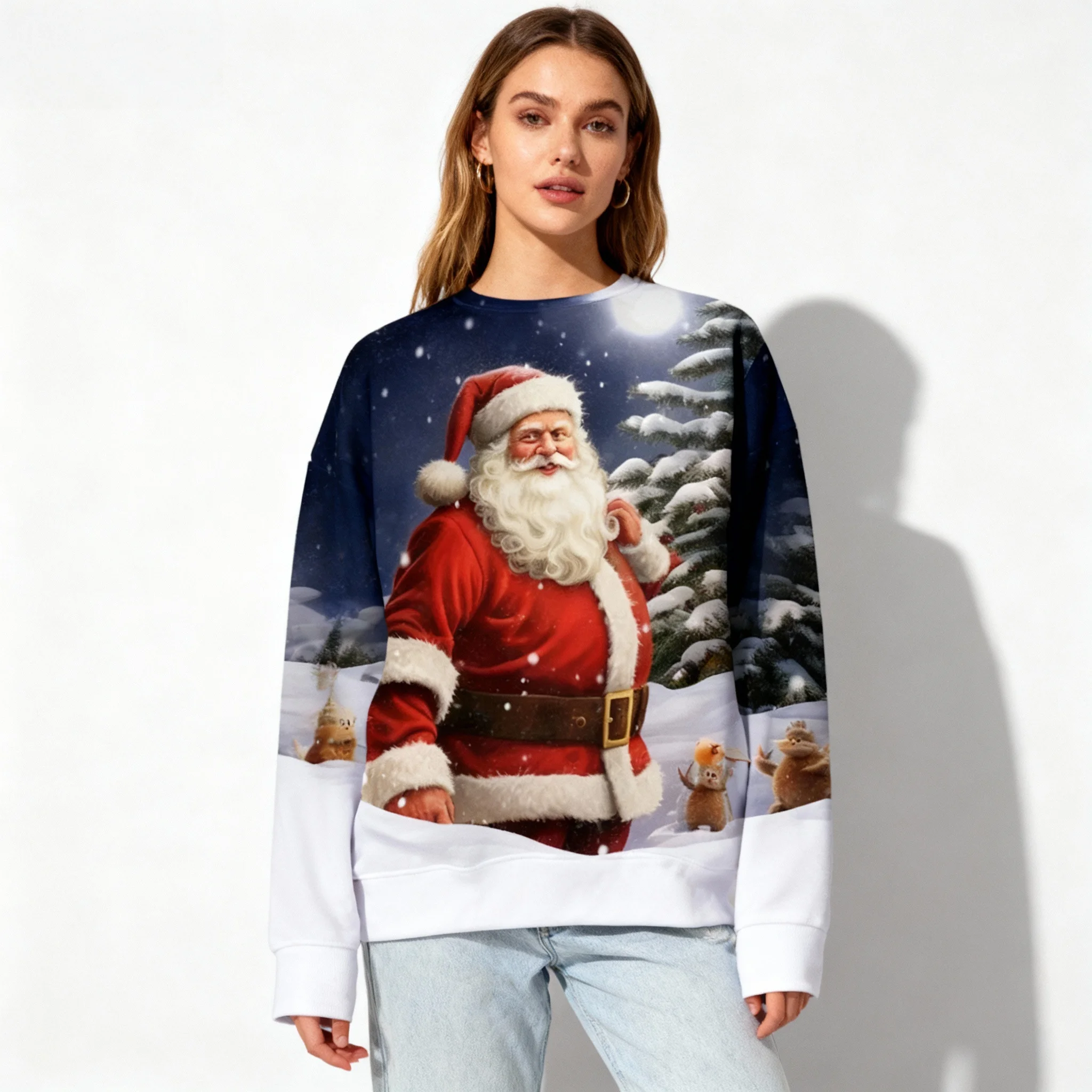 Spring and Autumn Hot Christmas Long Sleeved T-shirt 3D Round Neck Women's Adult Oversized Street Casual Daily Clothing