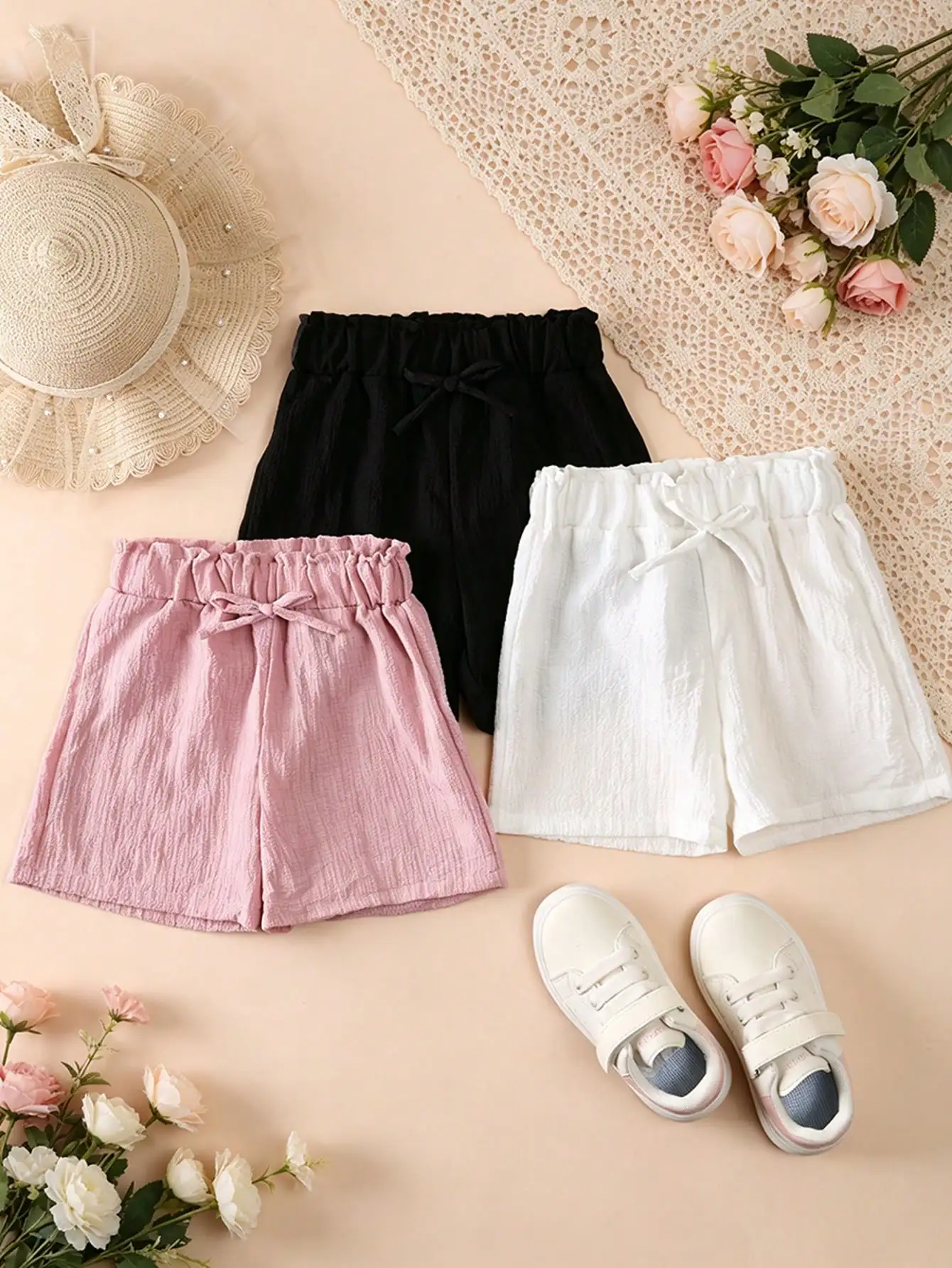 3-teiliges Set: Leichte, atmungsaktive Shorts für Kleinkinder (2-11 Jahre) mit elastischem Bund und Schleifendekor – Sommerliche Freizeitshorts für den Alltag – Detail 10