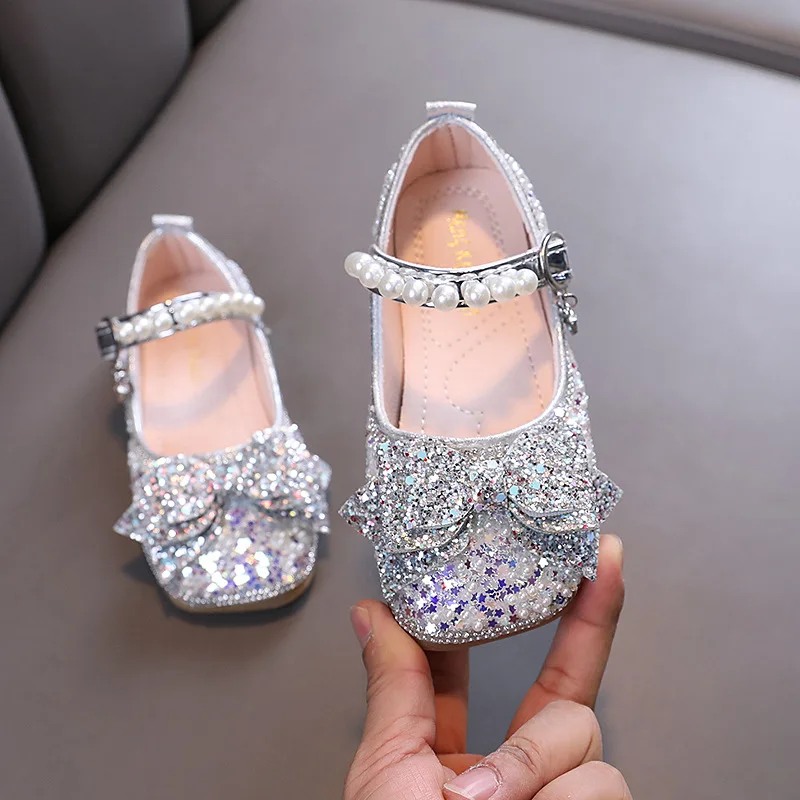 

New Children's Flats Fashion Sequins Kids Wedding Party Mary Jane Shoes Pearl Bowknot Girls Princess Leather Shoes