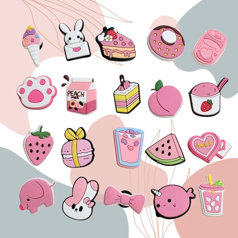 1-20pcs Pink Ice Cream Cake Doughnut Peach Drink Strawberry PVC Shoe Charms Accessories Slippers Decorations For Kids Gift