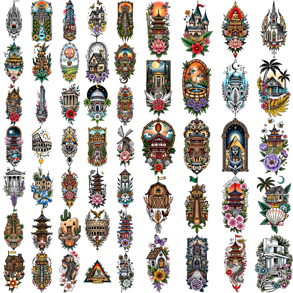 

28pcs Temporary Tattoo Flower Illustrations New School Traditional Landmark Icons Waterproof Long-lasting Body Stickers For