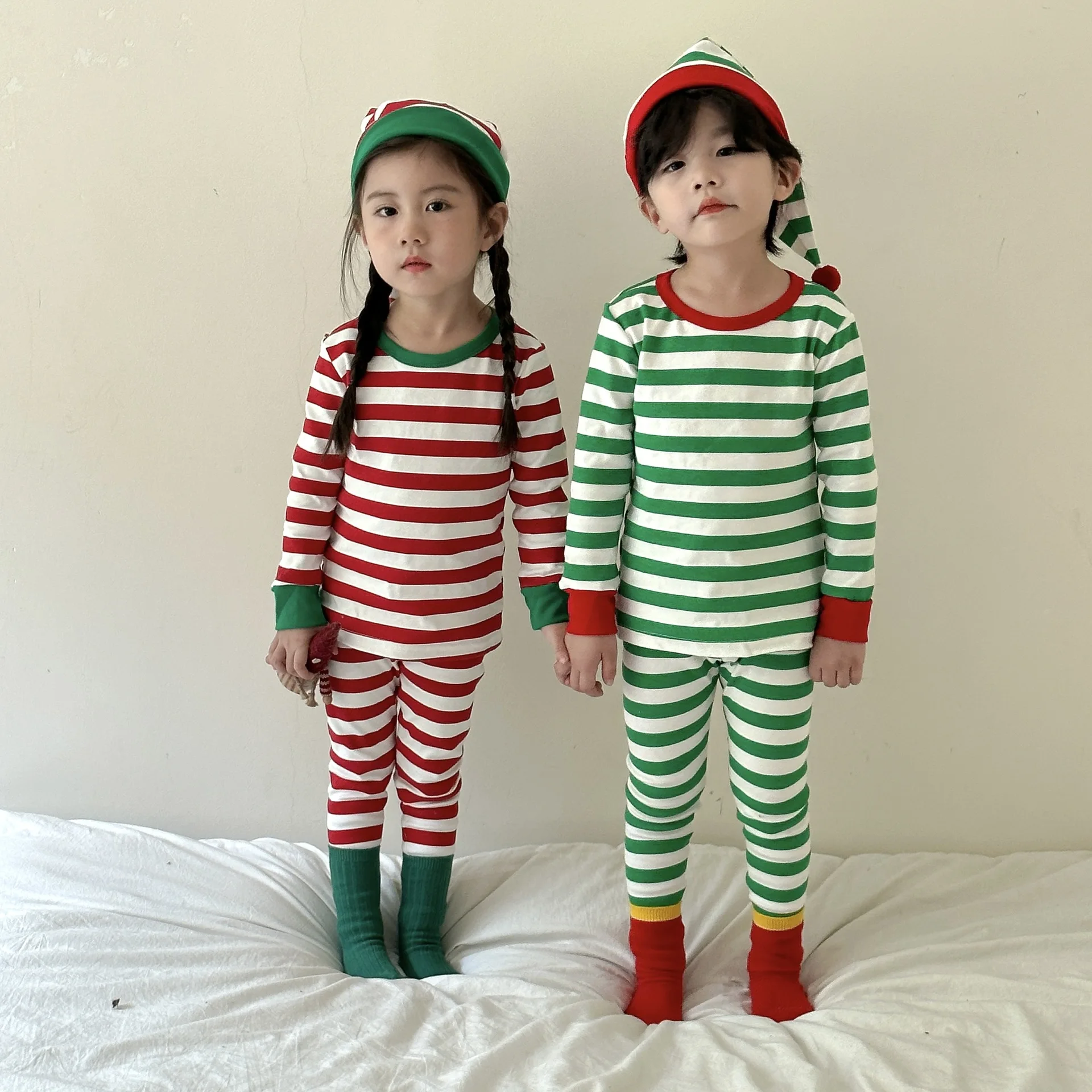 Autumn Winter Kids Girls Christmas Thermal Underwear Baby 2PCS Pajamas Set Cotton Striped Children Girls Homewears With Hat