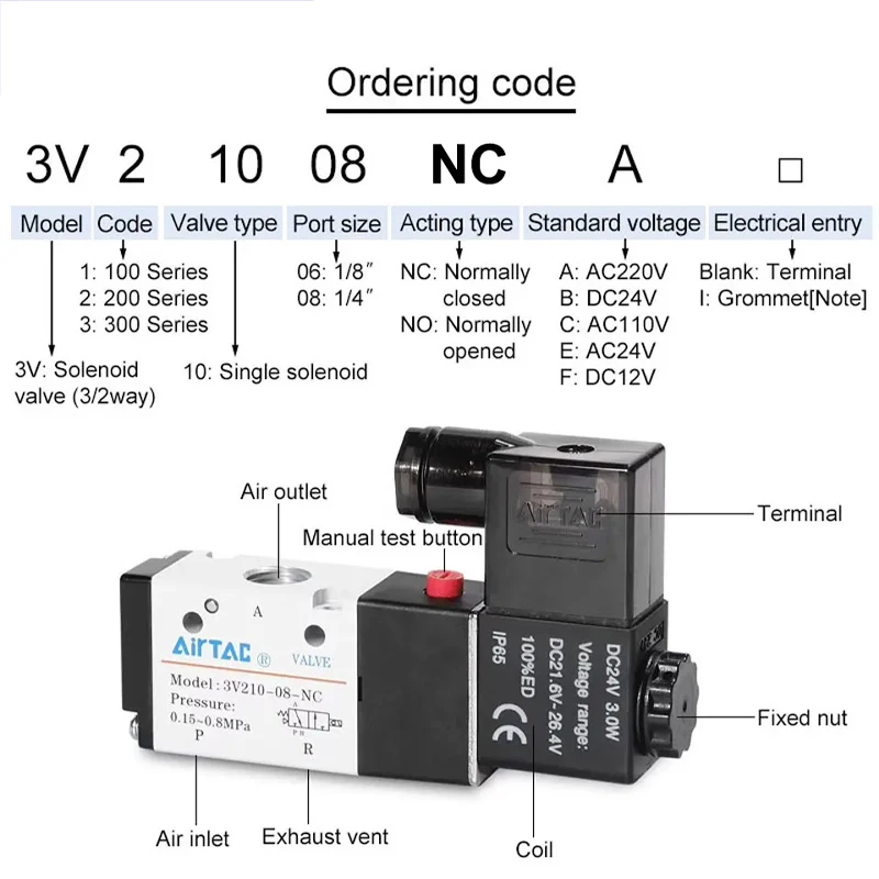 Directional Air Control Valve AC DC12 24 110 220V Original Pneumatic 3/2way Solenoid Valve 3V110-06 3V210-08 3V310-10