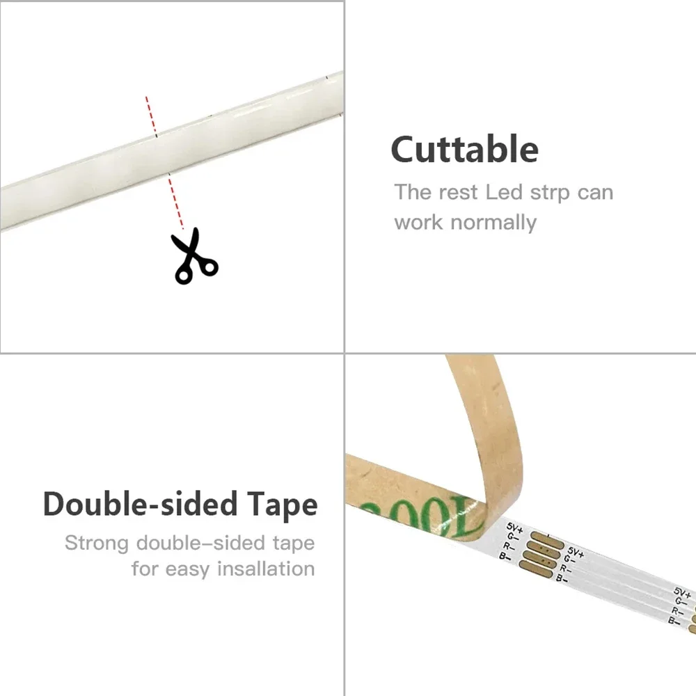 Bande lumineuse LED COB Super étroite, 5mm, 5V 12V, ruban RGB, haute densité, Flexible, couleur variable, éclairage LED à intensité variable, 5M