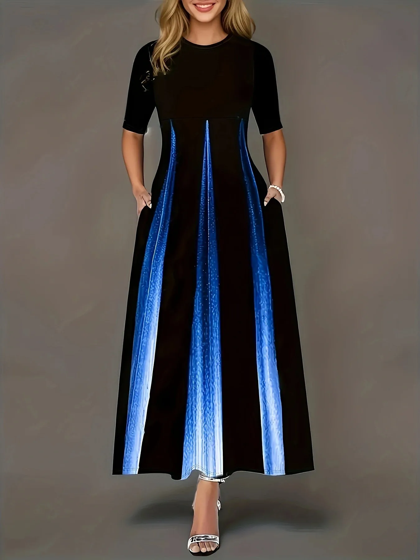 فستان برقبة مستديرة مطبوع عبر الحدود ، مقاس كبير ، منتج جديد ، أوروبا وأمريكا