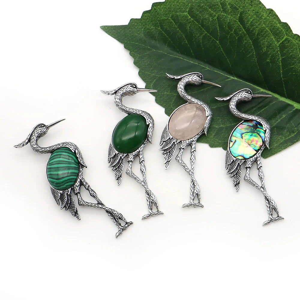 Vintage Red-crowned Crane Natural Stone Pendant Oval Natural Abalone Shell Inlay Charms For DIY Making Necklace Jewelry Gift