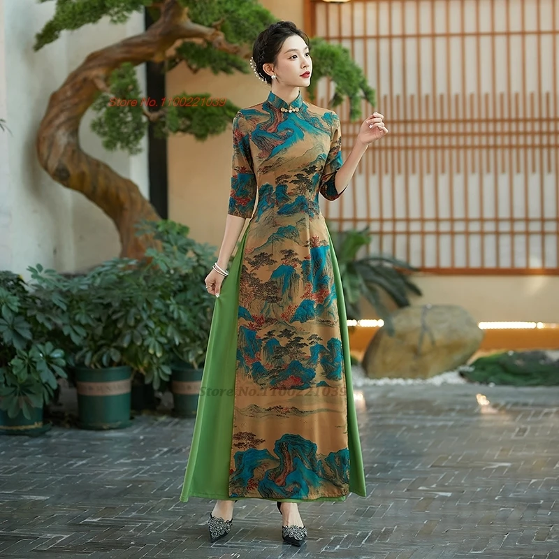 2025 vietnam traditional dress aodai improved cheongsam dress national flower print banquet qipao national evening dress vestido