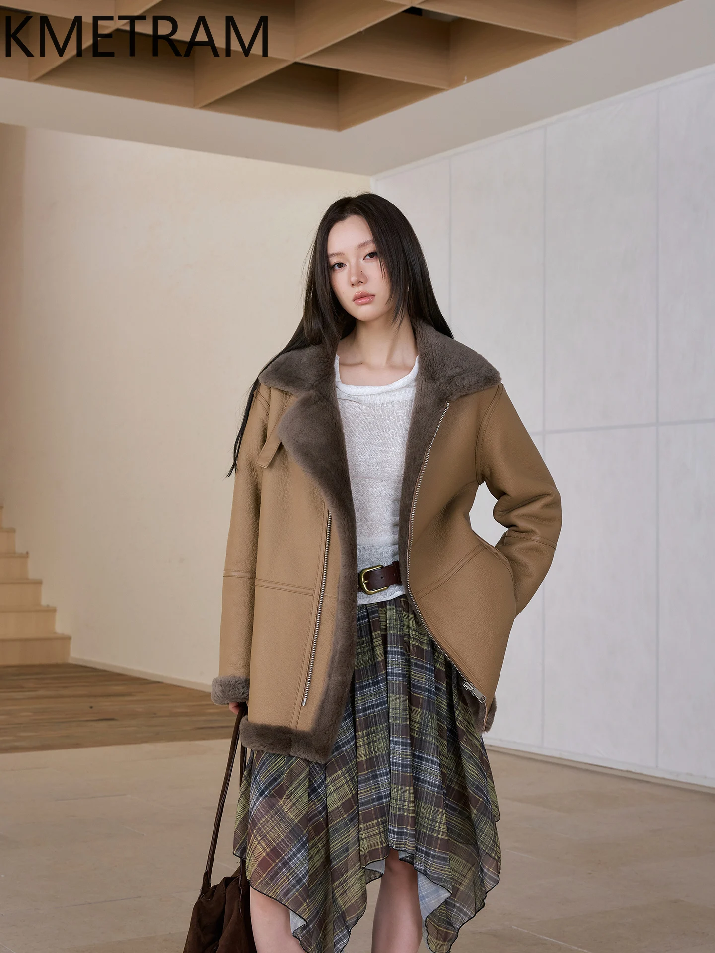 KMETRAM 100% 메리노 울 양가죽 양털 재킷 여성용 바이커 리버시블 리얼 퍼 코트 겨울 의류 2025 여성용 코트