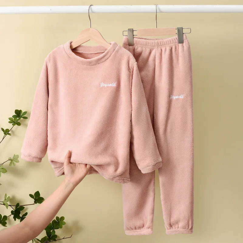 2pcs Children Coral Fleece Homewear Toddler Boys Girls Fall Winter Kids Long-sleeve Sleepwear Warm New Soft Pullover Pajama Sets