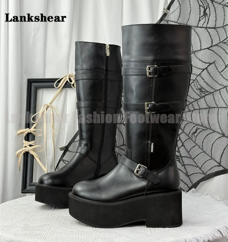 

Platform Round Toe Height Increasing Boots Retro Spicy Girl Knight Boots Designer Women's Belt Buckle Boots Botas Mujer
