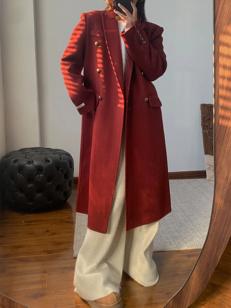 

Double-Sided Woolen Cisas Red Metal Bule Coat for Women Autumn Winter New Sle Loose oulder Lengthened Outerwear