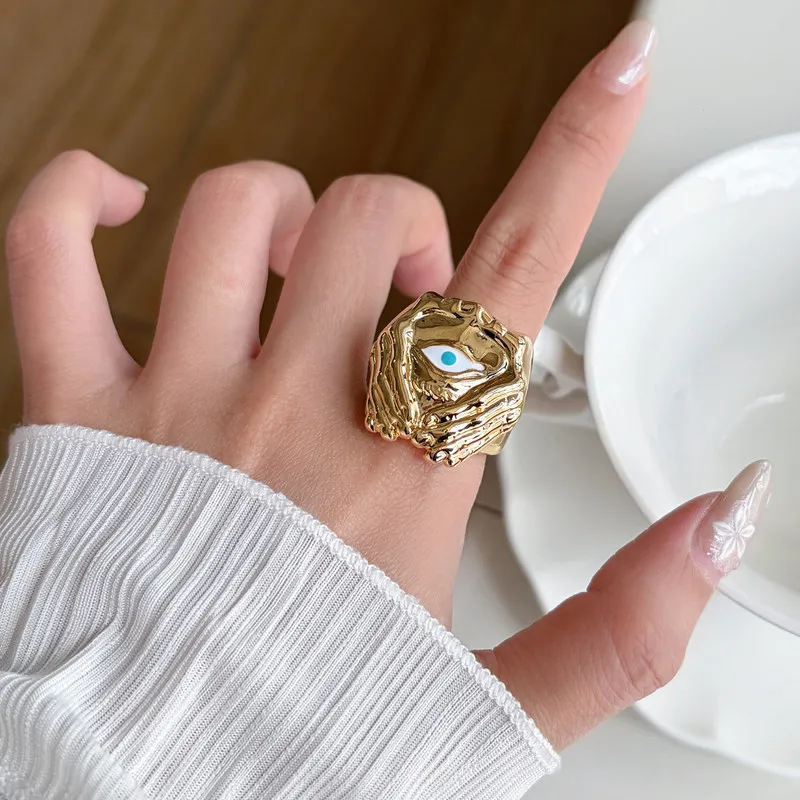 Abstract Hand Wrap Evil Eye Statement Ring Gold Tone Irregular Textured Wide Band Ring For Women Daily Wear