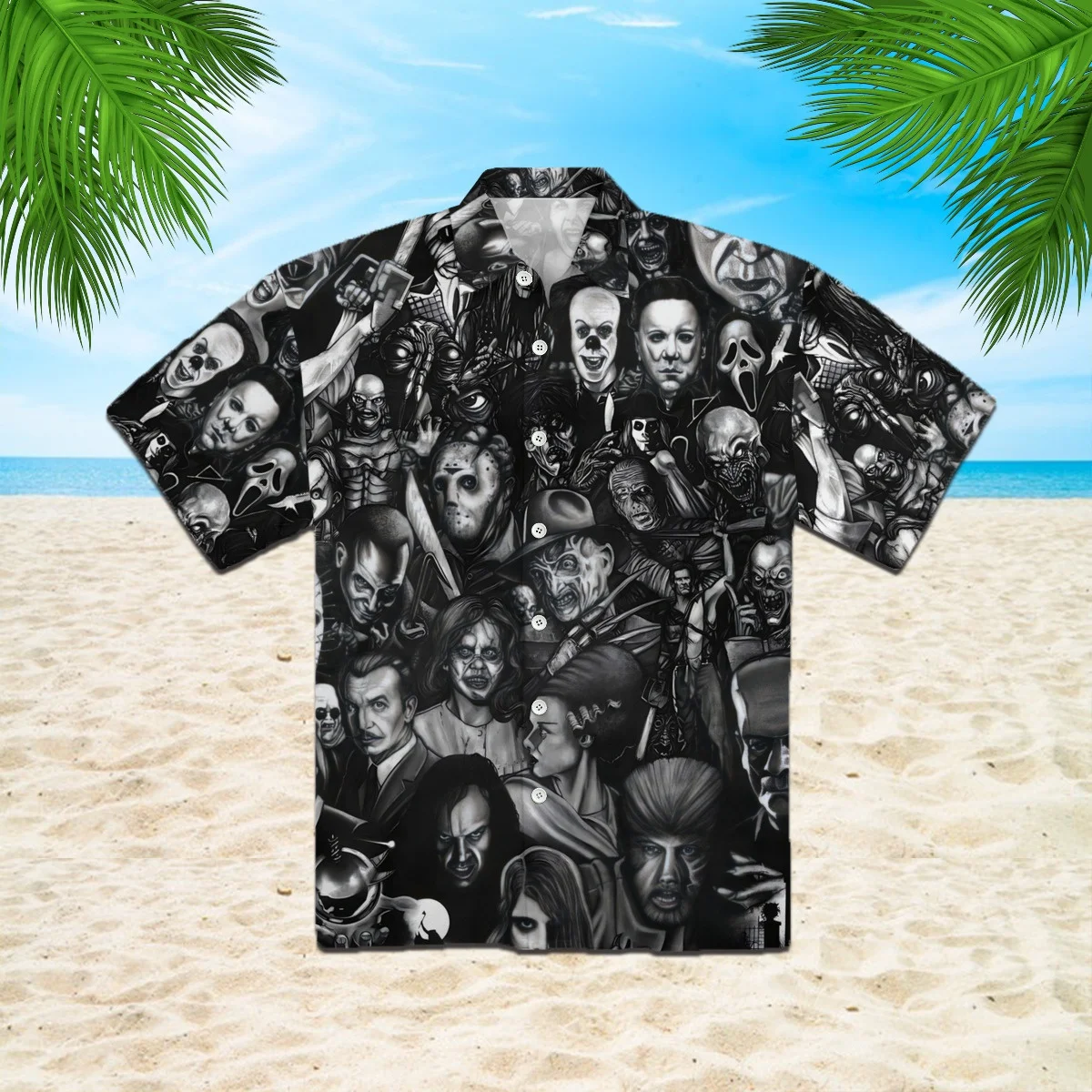 

Hawaiian Shirts for Men Collection of Horror Movie Characters Button Up Casual Hawaii Shirts for Summer Vacation