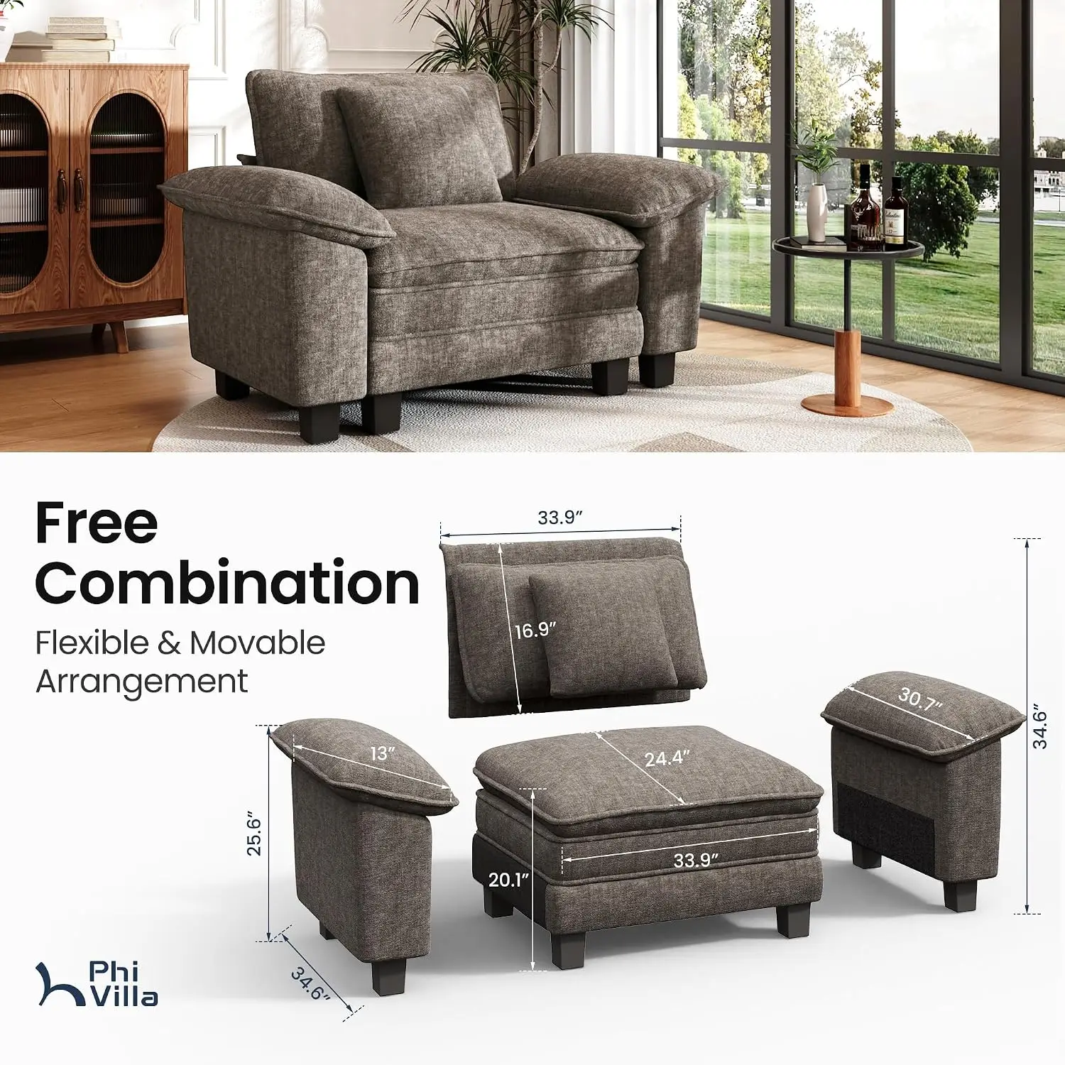 Large 3-Seat Straight Modular Cloud Sectional Sofa, 123.6