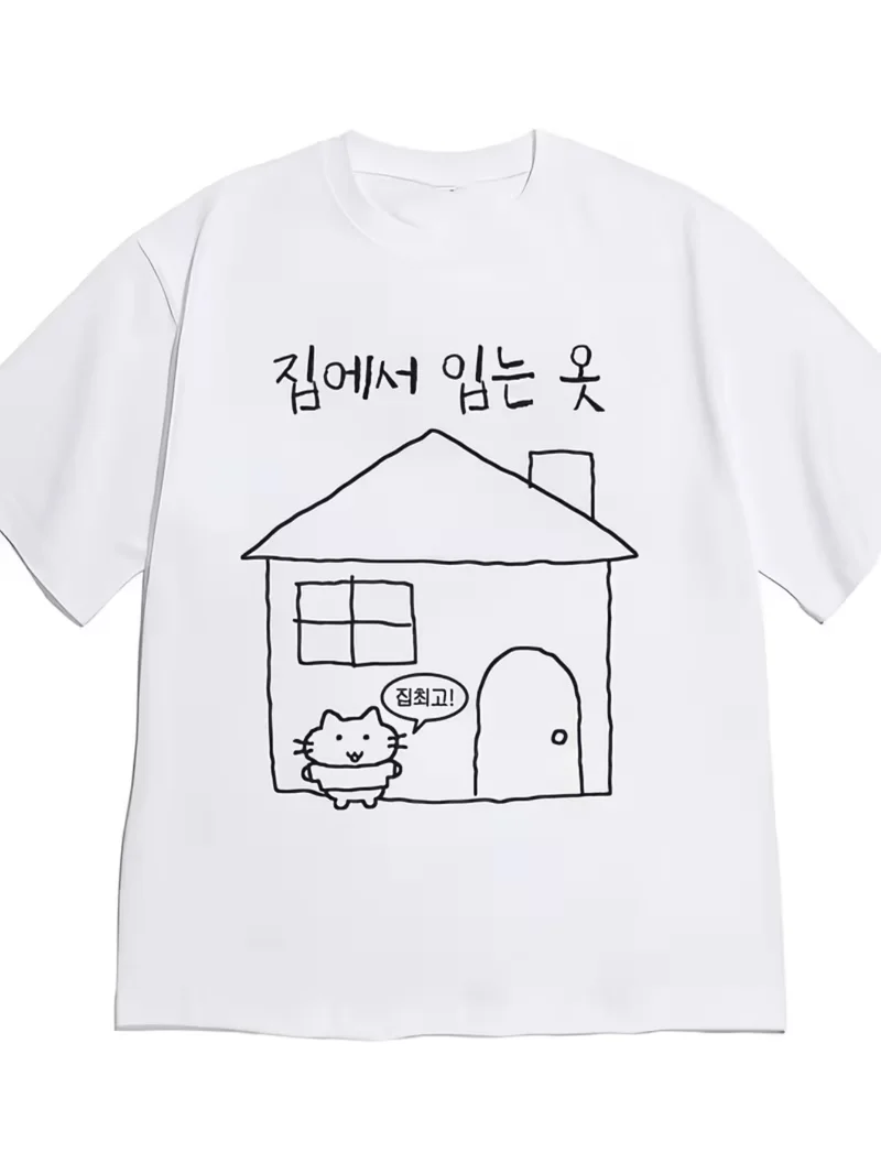 Thick-Lined Hand-Drawn Little House Soft Cute Kitten Korean Handwritten Font Print Lazy Home Loose Healing Short Sleeve Top