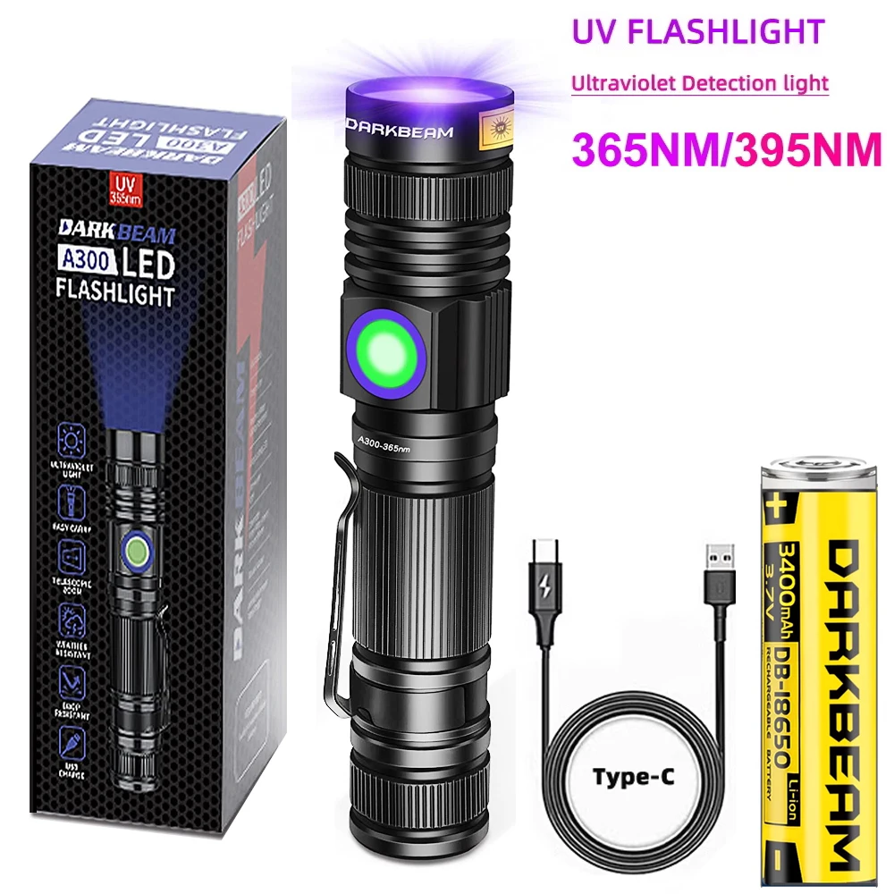 Linterna UV recargable por USB, luz negra ultravioleta de madera, LED portátil, Detector, 365nm y 395nm