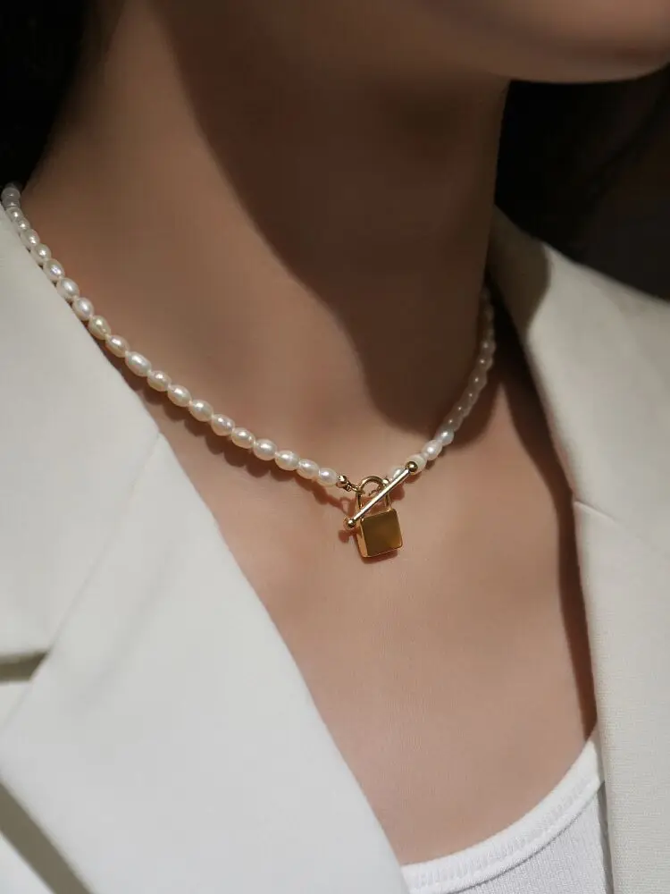 

Titanium Real Natural Pearl OT Chain Necklaces Women Jewelry Punk Designer Runway Rare Simply Gown Boho Top Japan Korean