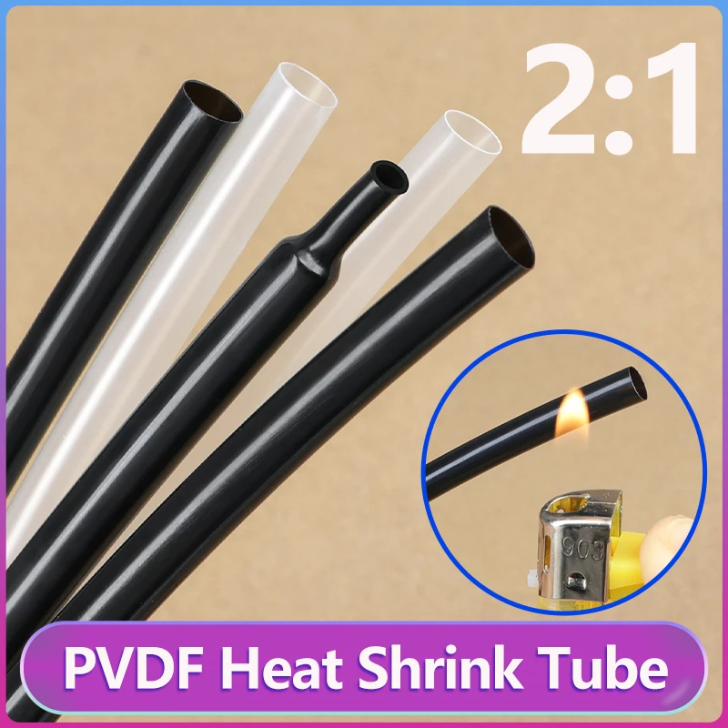 1-10M 2:1 PVDF Heat Shrink Tube Dia. 0.8mm~ 25.4mm 600V Oil Resistant High Temperature Cable Protector Sleeve Black/Transparent