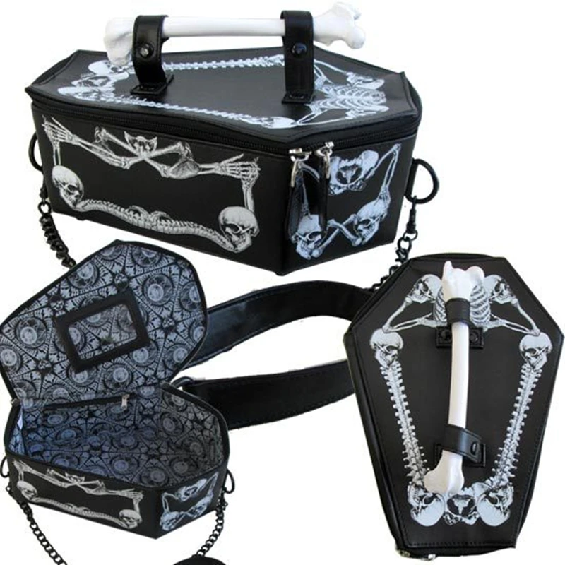 Harajuku Round Handbag Women Lady Girl Punk Dark Coffin Skull Bat Thunder Flash Printed Gothic Vamp Cross Body Messenger Bag