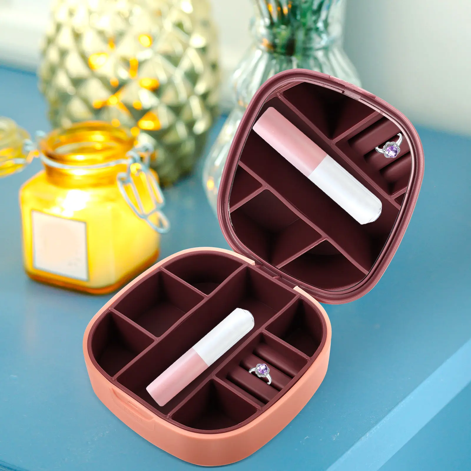 

Portable Jewelry Box with Mirror Small Travel Organizer Case for Earrings Pendants Brooches Jewelry Storage for Women Girls