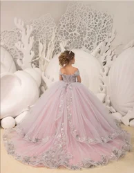 Silver Appliques Princess Flower Girl Dresses Tulle Long Child Pageant Wedding Party Birthday Dress Off spalla Prom Ball Gown