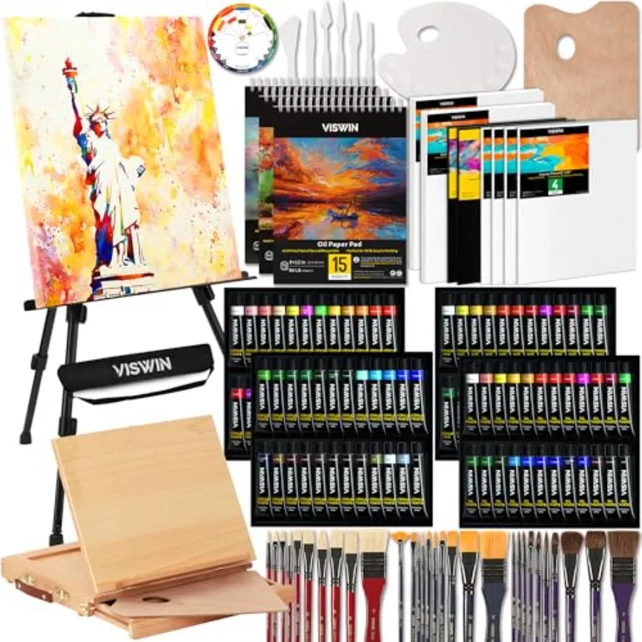 

Professional All-in-One Art Painting Kit with Aluminum and Beech Wood Easel 96 Acrylic Watercolor and Oil Paint Set Canvas Pain