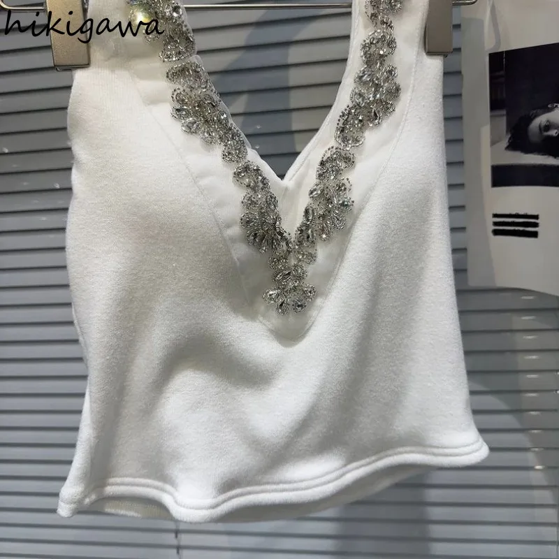 Ropa de Mujer, camisetas sin mangas sexis con diamantes y cuello en V, Túnica sin espalda, Tops recortados, chaleco con temperamento, moda coreana, 2024