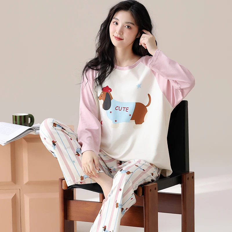 Cute Dog Pajamas Sets Womens Autumn Winter Long Sleeves Long Pants Pink Sleepwears Kawaii Pyjamas Cozy Pijamas Soft Pjs Girls Pj