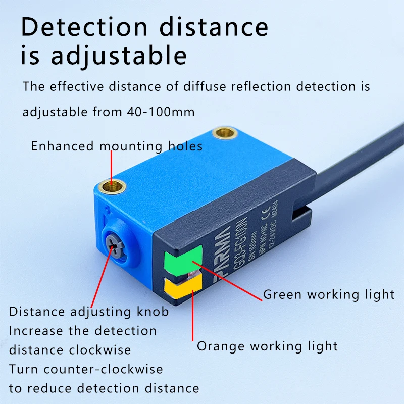 PioneerDetect Photoelectric sensor visible LED red diffuse reflection D61 detection range of 100mm, Gq3-fg100n