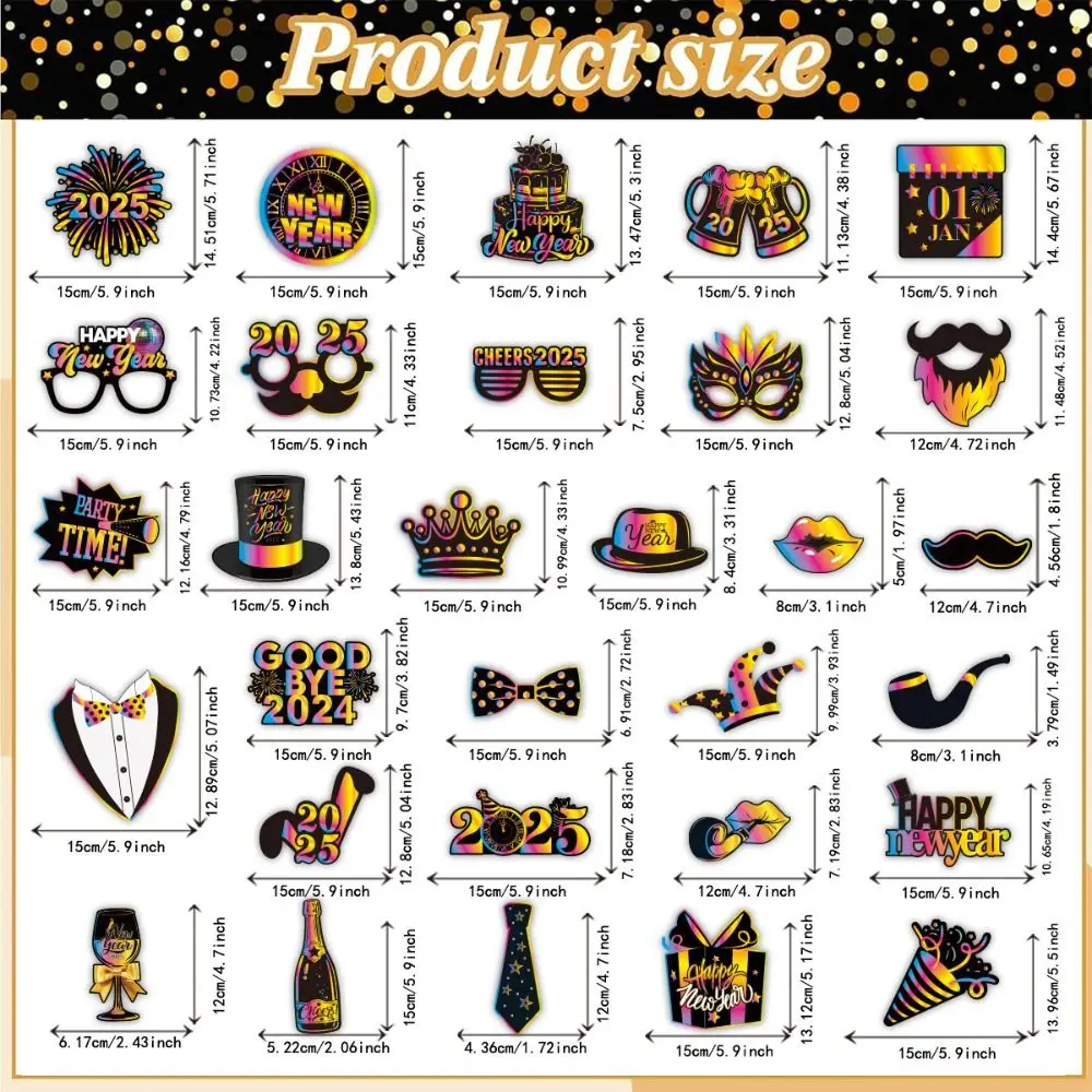 30 pçs colorido 2025 ano novo fotografia adereços dos desenhos animados diy photo booth adereços papel elegante feliz ano novo decoração
