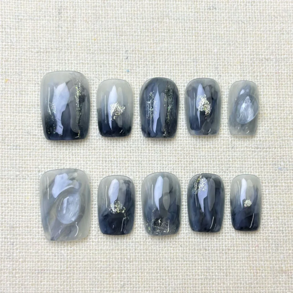 10pcs Handmade เล็บปลอมเคล็ดลับ Gradient Blue Design สั้นบัลเล่ต์กดบนเล็บ Art เงาผงเล็บปลอมชุดสวมใส่