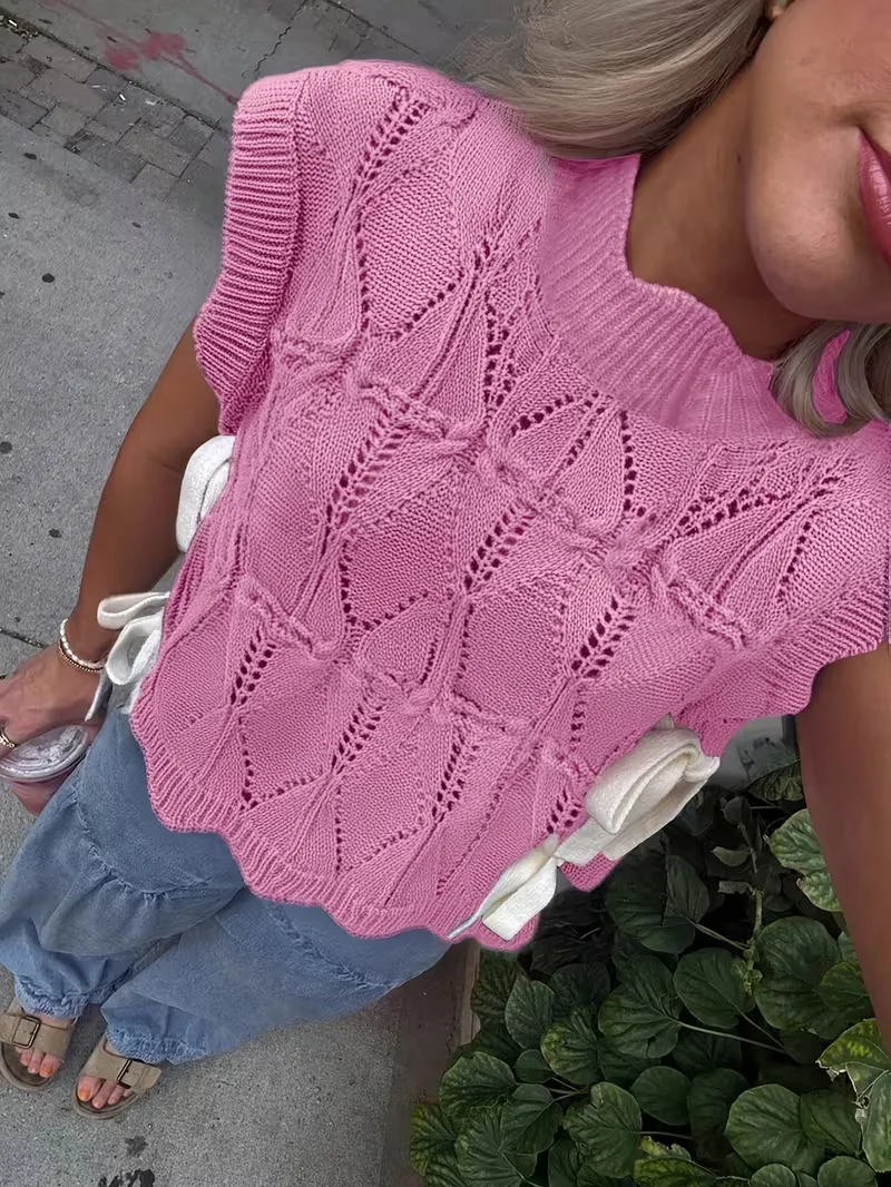 Women's Solid Color Knitted Sweater Vest Sleeveless with Bowtie Hook-and-eye Top Streetwear Loose Fit Comfortable Beauty Vest