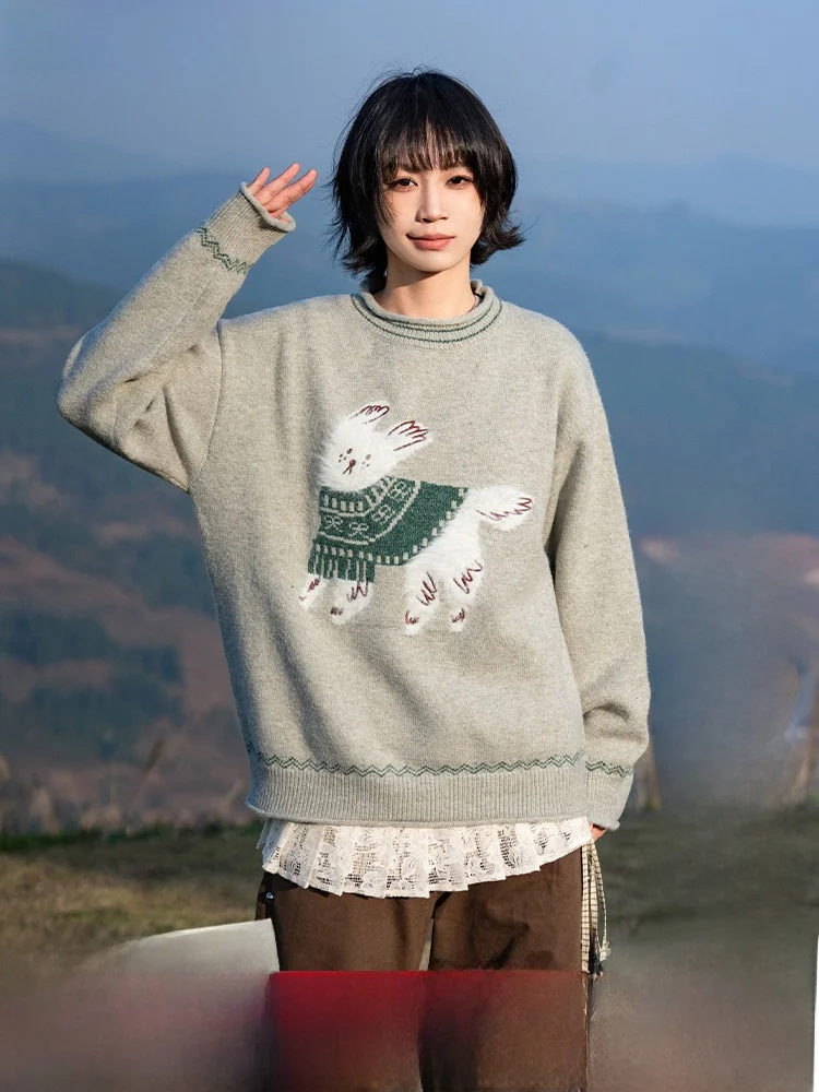 

Мягкий уютный круглый свитер Fair Isle Dog Ne для пар, свободный крой, полиэстер, нейлон, акрил, спандекс, смесь шерсти