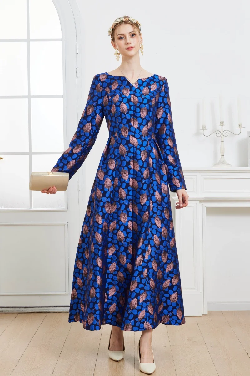 Blue-gray long-sleeved heavy jacquard fashion elegant and exquisite dress