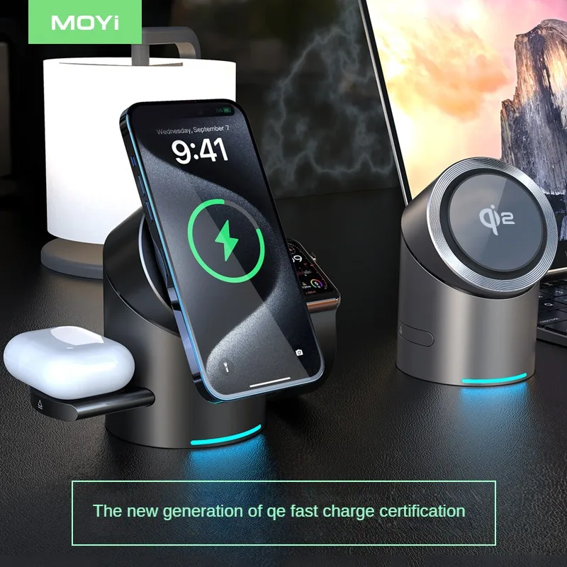 MOYI Qi2 3-in-1 Wireless Charger Magsafe Magnetic Fast Charge Watch Stand Earphone Charging Base for IPhone16 15 Watch/Airpods