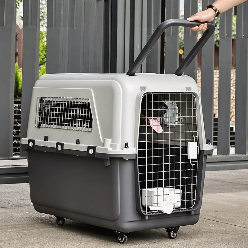 Detachable Aviation Approved Large Plastic Dog Cage with Wheels Sturdy Pattern Iron Pet Dog Cage Cat Cage