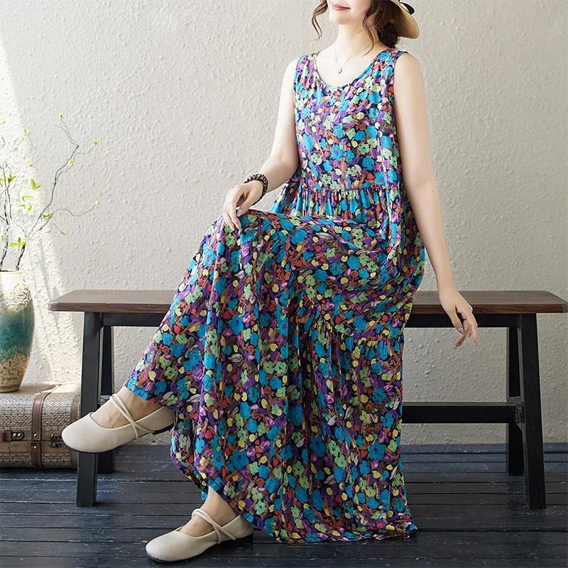 

Summer New plus Size Women's Dr Mom Clothes round Ne Svel A-Line Vest Dr Long Dr Comfortable Cotton Linen Blend