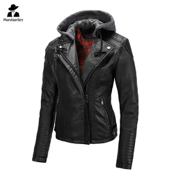 New Hooded Leather Jacket Women Autumn Vintage Faux Leather Slim-Fit Detachable PU Coat Fashion Slant Zipper Motorcycle Jacket