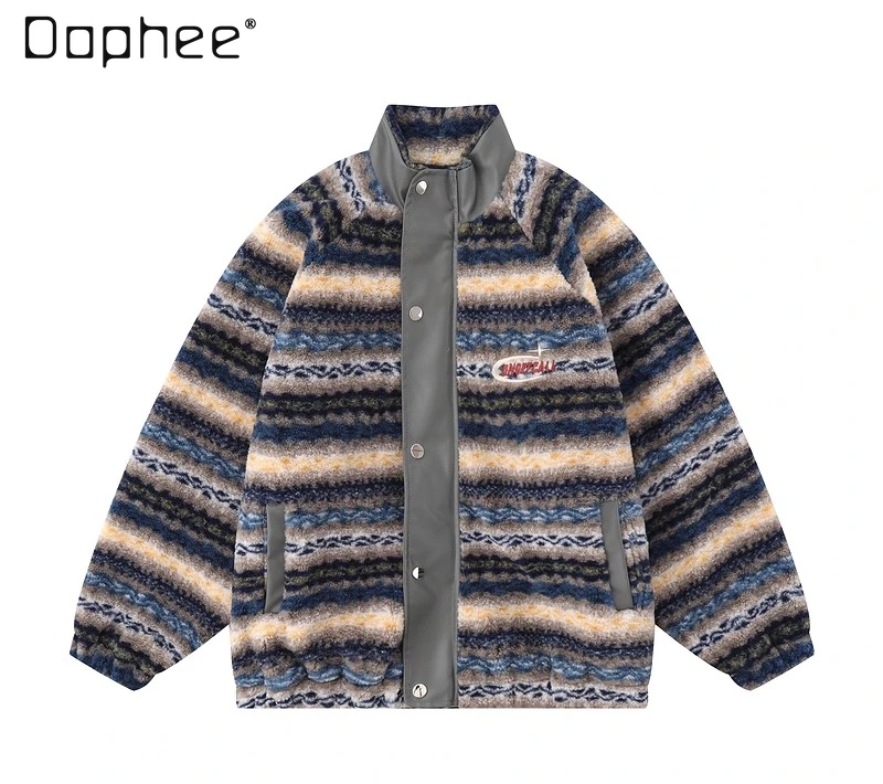Winter New Vintage Design Men's Yellow Color Block Striped Jacket American Loose Casual Blue Lamb Wool Thick Cotton Jacket