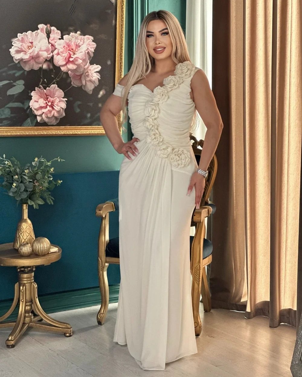 

Customized Pastrol Chiffon Pleat Handmade Flower Straight Off-the-shoulder Long Evening Dresses Luxury 2025 Prom Classic