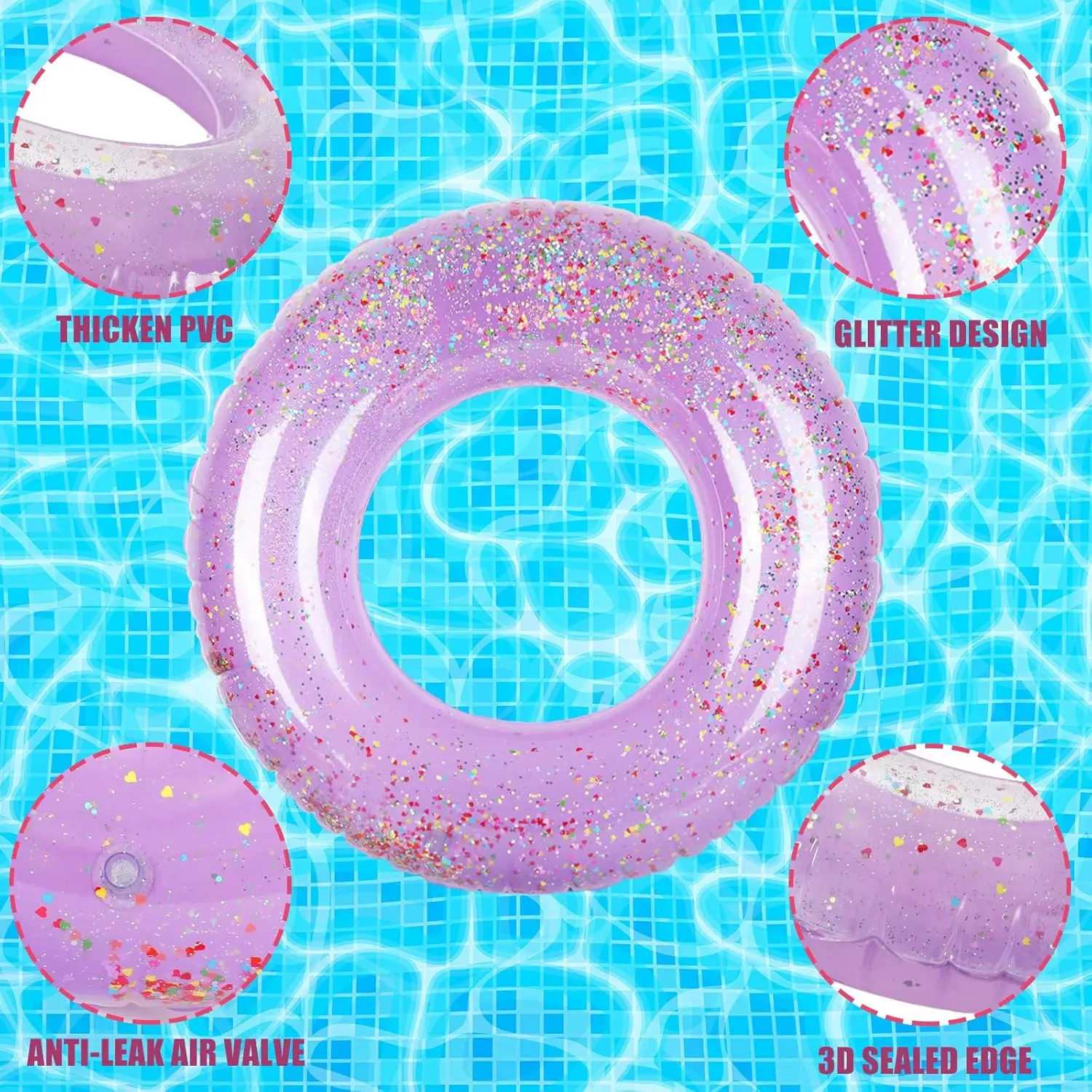 3Pcs Purple Inflatable Pool Floats Toys Glitter Lavender Swim Tubes Rings Pool Tube for Kids Adults Outdoor Summer Swimming Pool