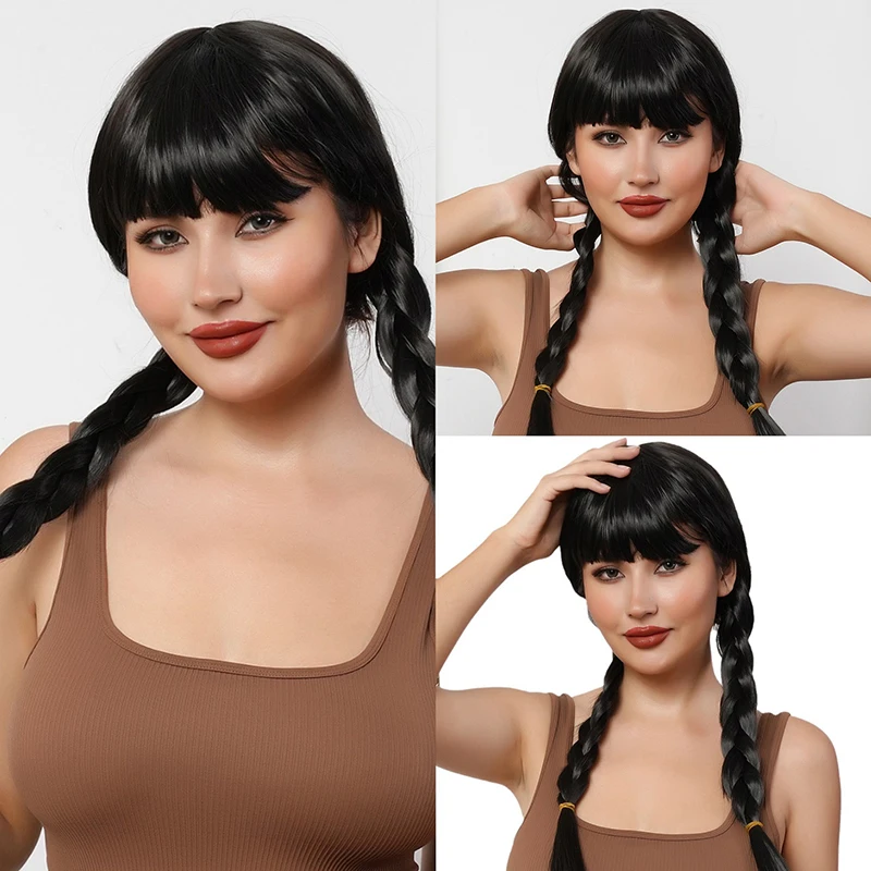 テレビドラマ水曜日コスプレ帽子ダブル三つ編みパーティー女性ドレスアップストレート前髪ロングヘア水曜日アダムスキャラクターウィッグ