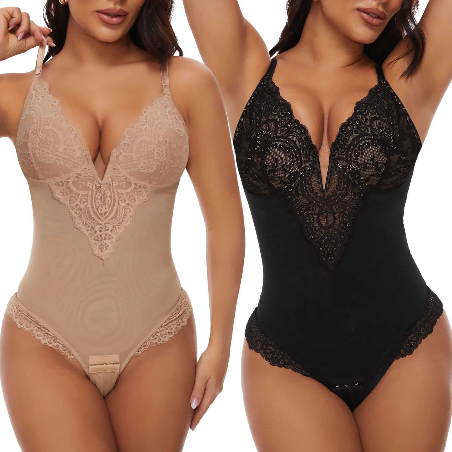 เซ็กซี่ลูกไม้ Shapewear Bodysuits Slimming Bodys ผู้หญิง V-รูป Bra ชุดชั้นในด้านล่าง Full Body Shapers Shapewear Jumpsuit 2024