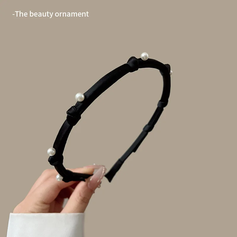 2023 New Korean Elegant Bows Hairband Women\'s Pearl Black Headband Headwear Satin Wide Edge Hairhoop Hair Accessories