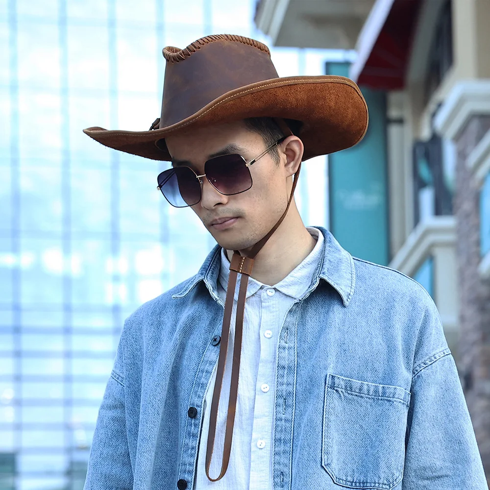 Men's All-Season Versatile Cowboy Hat - Daily Wear Retro Style Genuine Cowhide Hat (56-60cm) with Curved Brim, Hand Woven & Dist