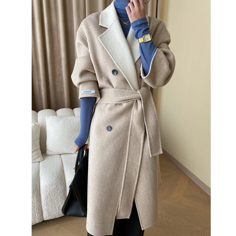 Women Autumn Coats Two Way Wear Drouble Breasted Design 52% Cashmere Long Woolen Coat With Belt Wool Coat Veste Femme Tops