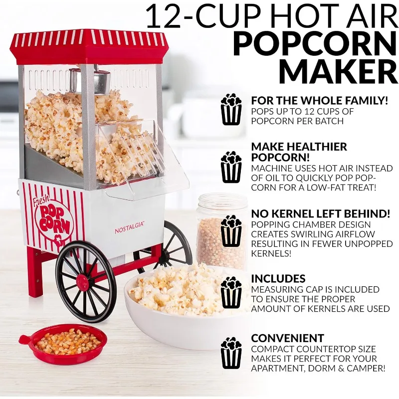 Nostalgia Table-Top Hot Air Popcorn Machine with Measuring Cap, 12 Cup, White/Red