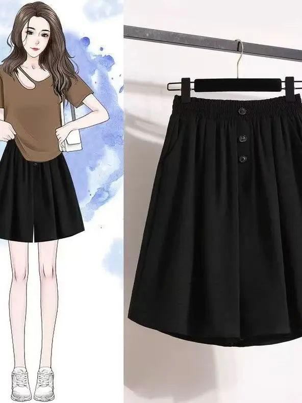 

High Waist Loose Fit Summer Thin Five-Point Pants for plus Size Women Casual Style Polyester Fiber High Waist Wide Leg Pants